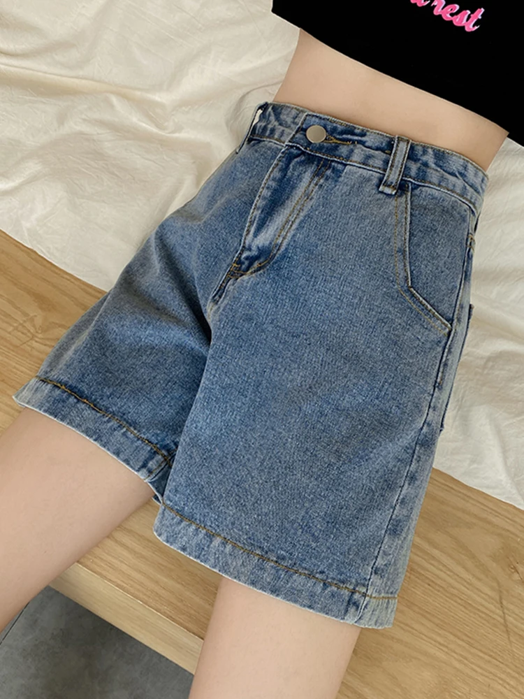 New Summer Women High Waist Wide Leg Blue Denim Shorts Streetwear Female Retro Button Jeans Shorts Bottoms
