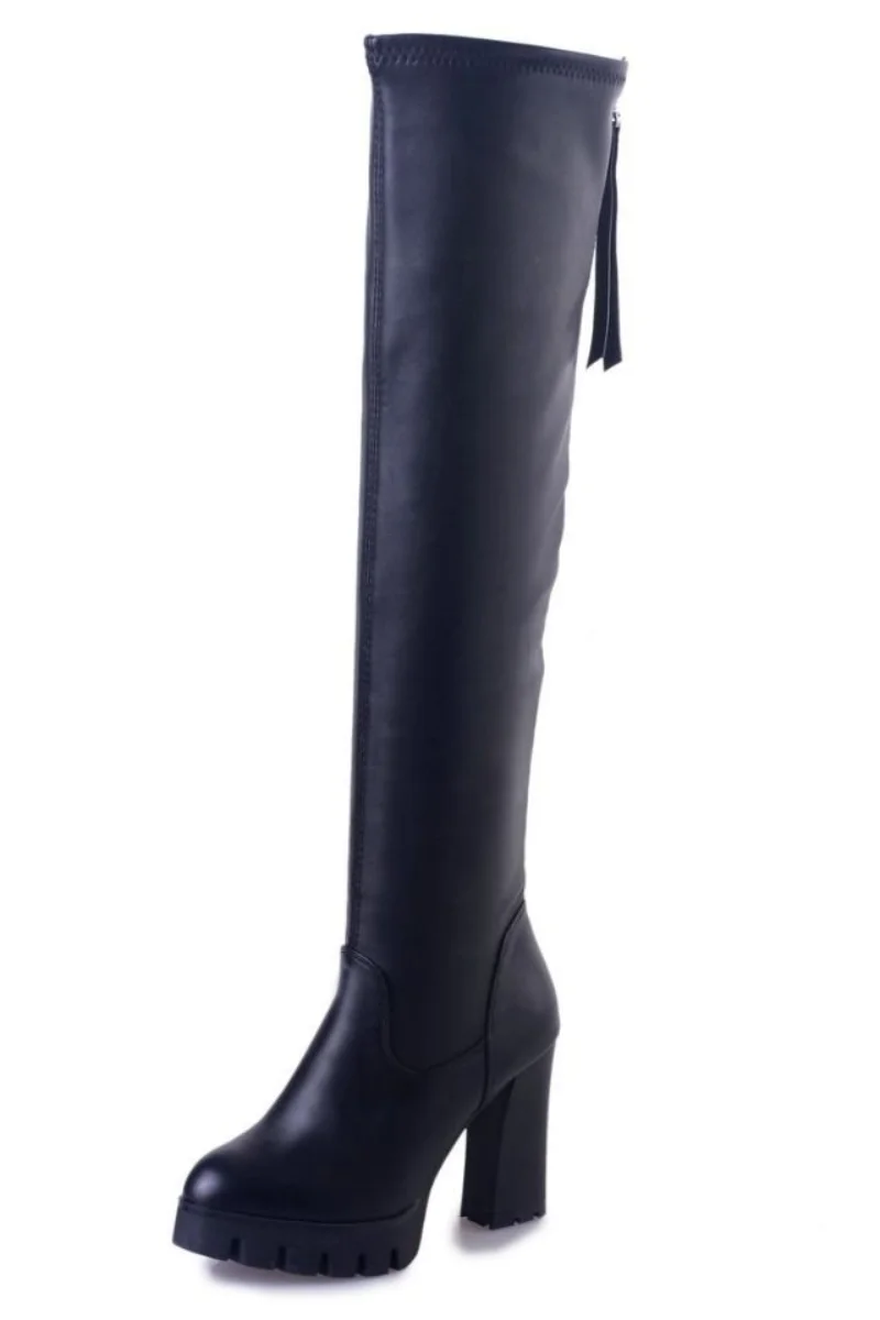 Autumn Winter Women's Leather Over The Knee Long High Heel Platform Snow Thigh Boot for Women 2022 Ladies Shoes Botas De Mujer images - 6