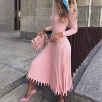 autumn and winter hot sale new womens mid length sweater knitted solid color pleated o neck dresses for women harajuku dress
