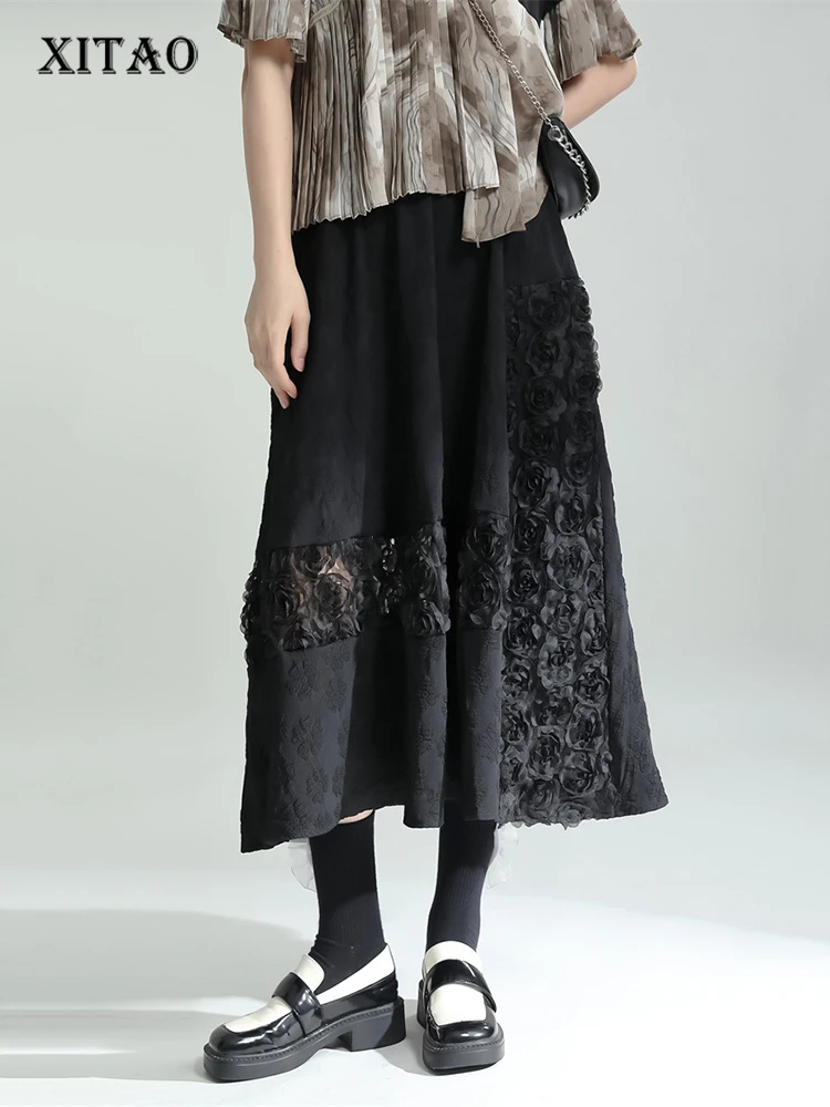 

XITAO Solid Black Lace Skirt Loose Fashion Three-dimensional Flowers Splicing Decorate A-line Skirt 2022 New All-match WLD7687