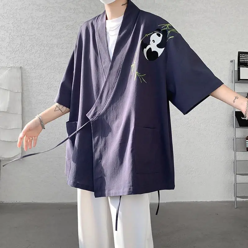 3-цветный льняной костюм Тан в китайском стиле с перекрестным воротником мужской