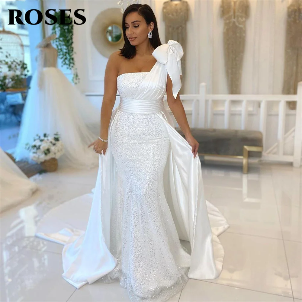 

Arabic Dubai Mermaid White Evening Dress One Shoulder Formal Prom Party Gowns With Bow Satin And Sequined Overskirt Vestidos De