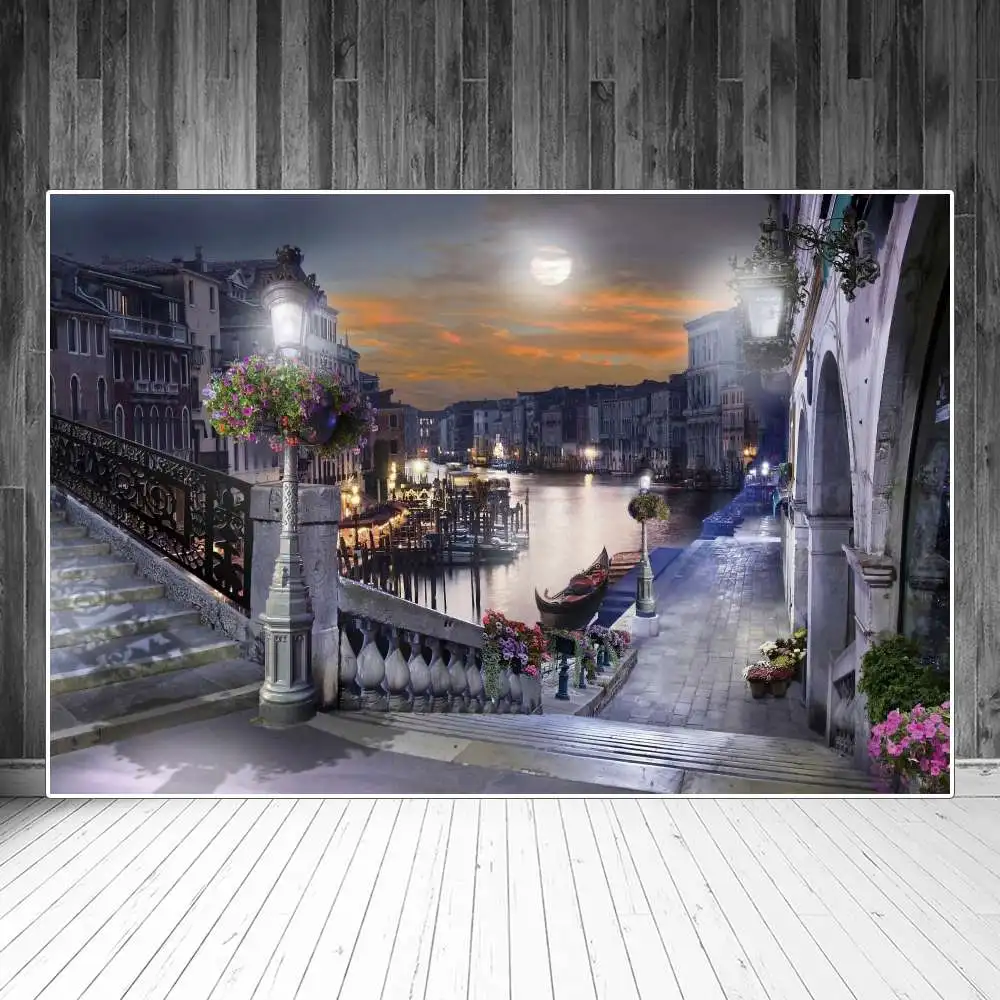 

Venice River Night Scenic Photography Backgrounds Buildings Pathway Bridge Flower Street Light Photocall Photographic Backdrops