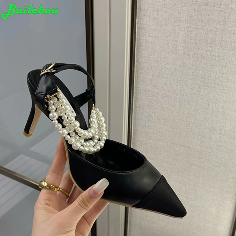 

Туфли-лодочки женские с жемчужной цепочкой, заостренный носок, высокий каблук, сланцы, модная обувь для вечеринки, 2023