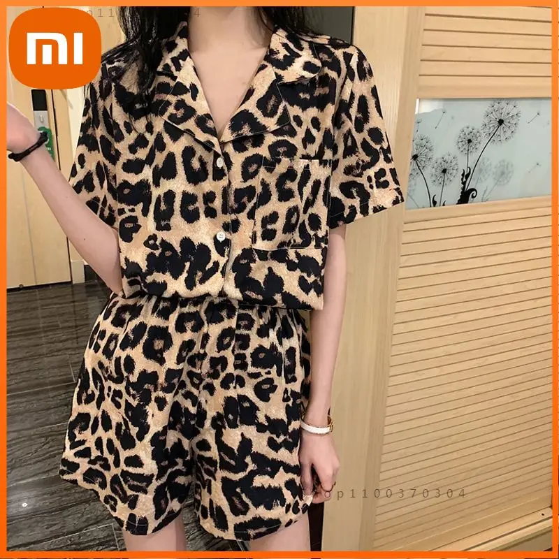 

Xiaomi Leopard Nightwear Korean Pajamas Women Summer Short Sleeve Pyjamas Two Piece Set Pijamas Turn-down Collar Sleepwear