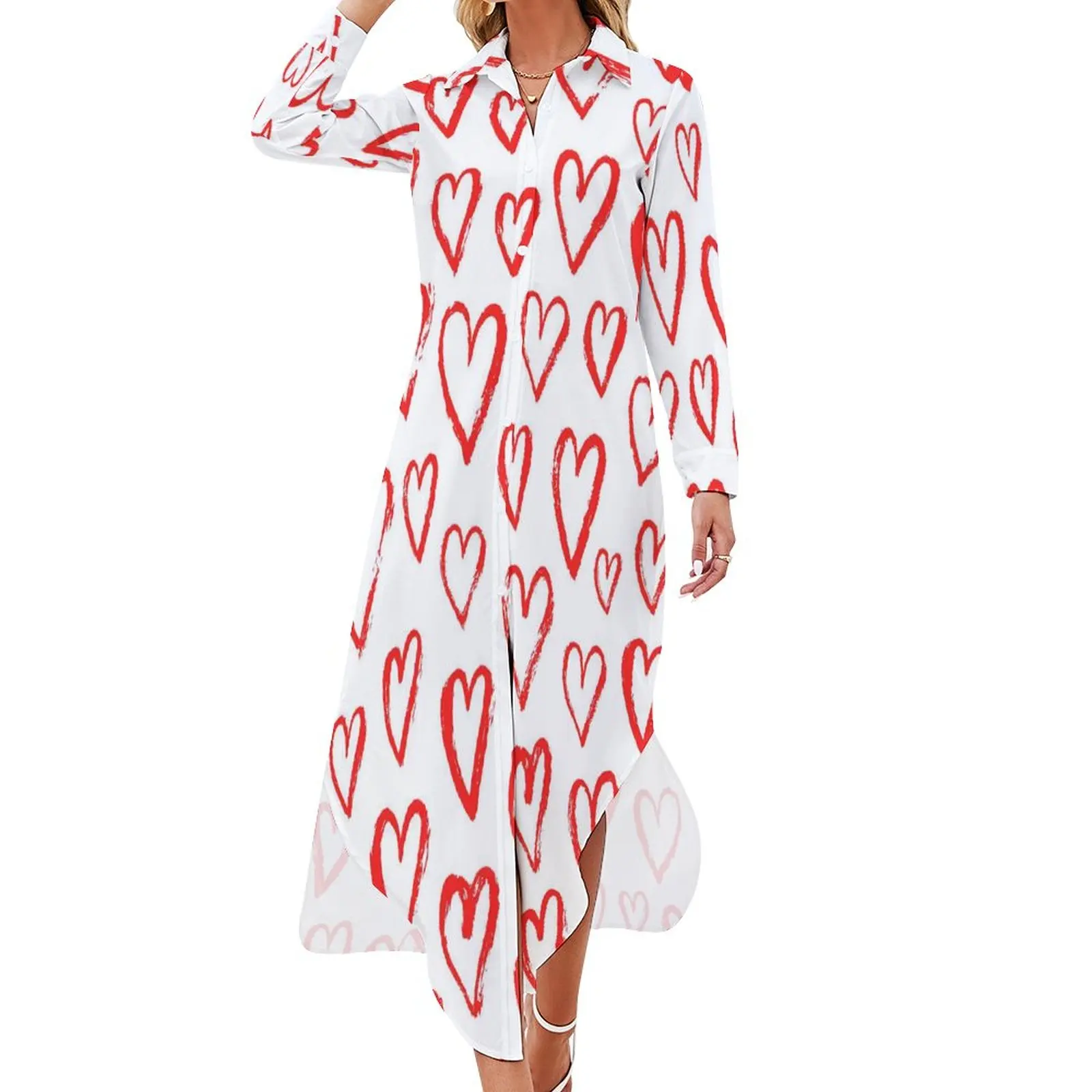 

Red Heart Casual Dress Graffiti Art Print Street Wear Dresses Long Sleeve Elegant Woman V Neck Printed Big Size Chiffon Dress