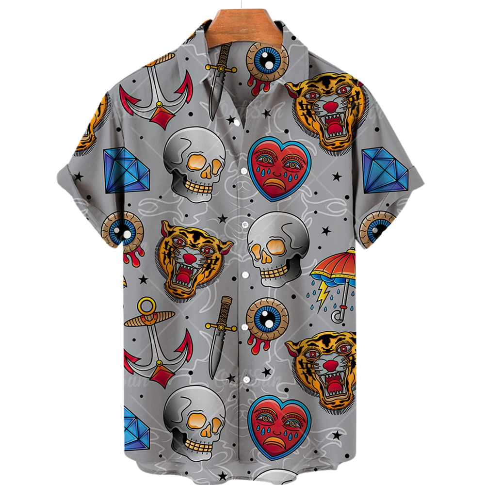 2022 Summer Fashion Lucky Skull 3d Print Loose Breathable Men's Shirt Short Sleeve Hawaiian Shirt Size 5xl