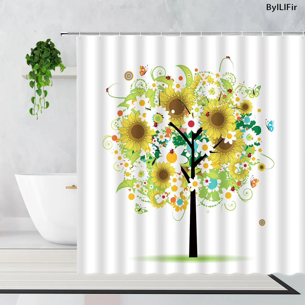 

Curtains Plants Flowers Print Fabric Bathroom Decoration Sets Waterproof Home Bathing Curtain