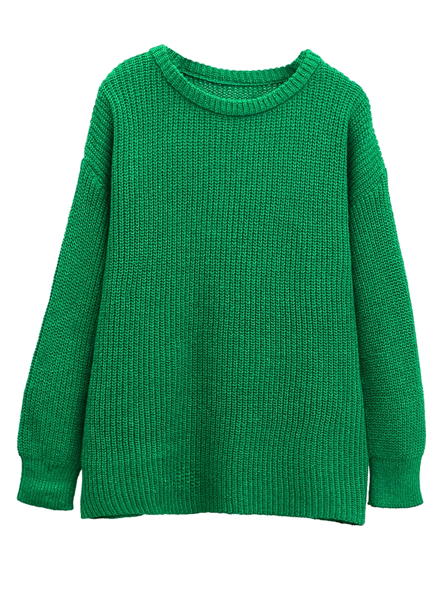 

Женский Осенний свободный свитер, однотонный вязаный свитер с длинным рукавом и круглым вырезом, плотный пуловер, вязаная одежда для ленивых