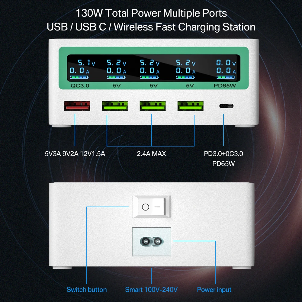 130W 5 Ports USB Charger HUB QC3.0 Type C PD Fast Charger USB Charging Station Wireless Charger For iPhone 13 12 Macbook Xiaomi