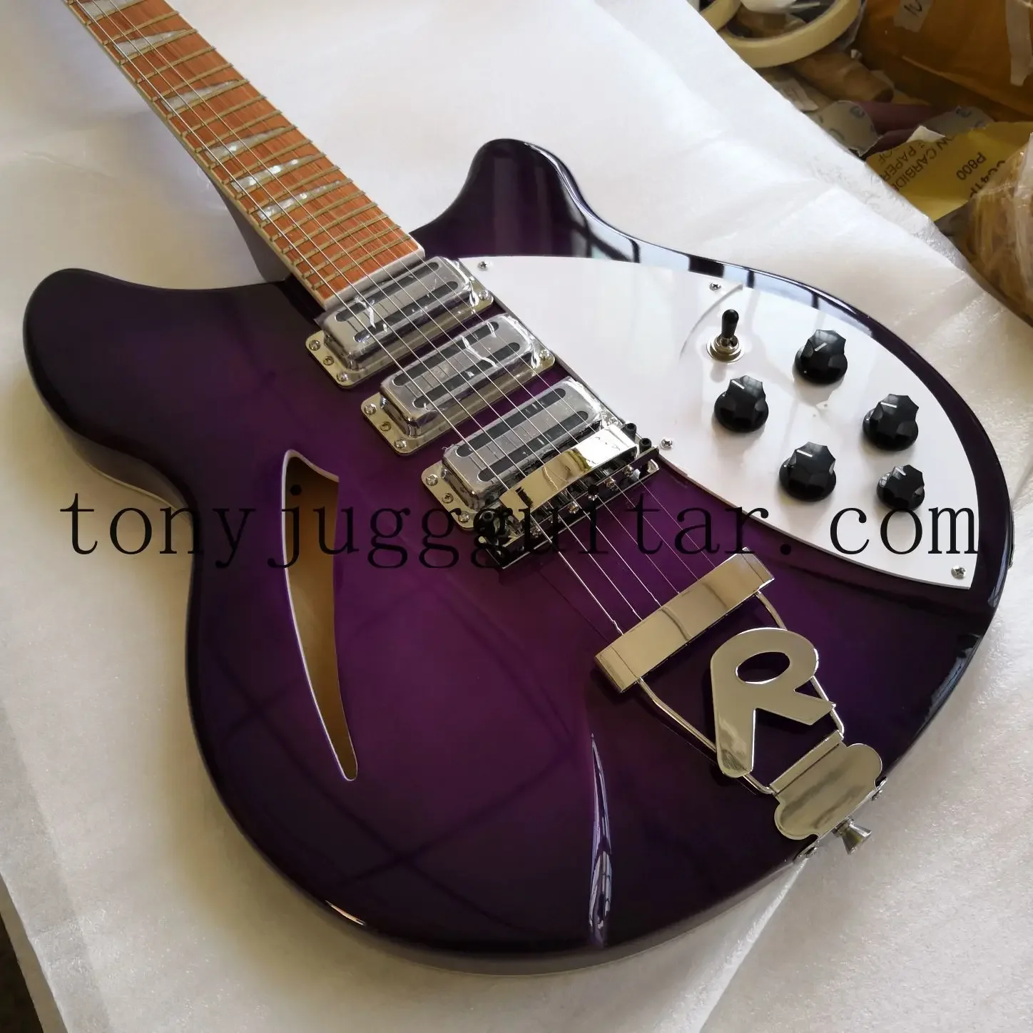 

Rare Flame Maple Top RIC 360 6 Strings Purple Sunburst White Hollow Body Electric Guitar, Triangle Inlay, TV Jones Pickups,