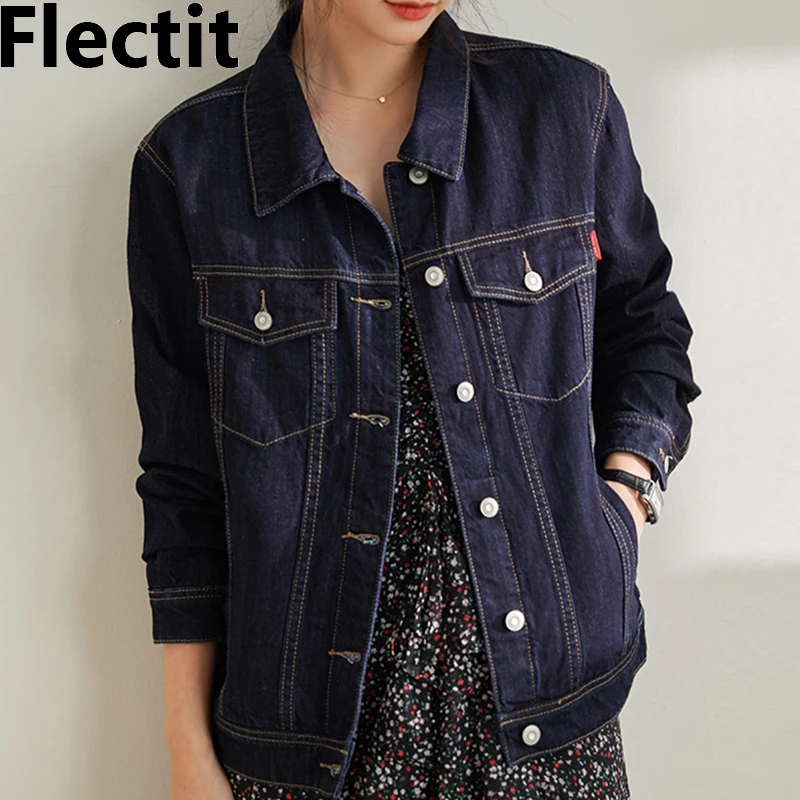 

Flectit Dark Blue Denim Jacket Women Button Up Jean Jacket Classic Stylish Outfit