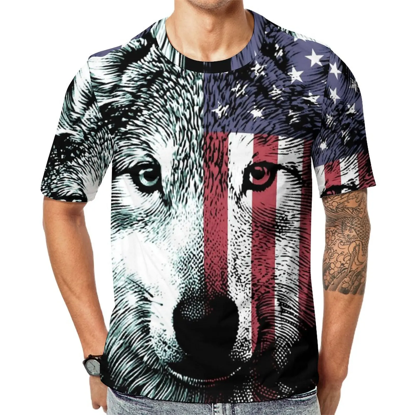 

American Wolf T-Shirt Funny Animal Print Trendy T-Shirts Man Classic Tee Shirt Summer Short Sleeve Printed Tees Big Size