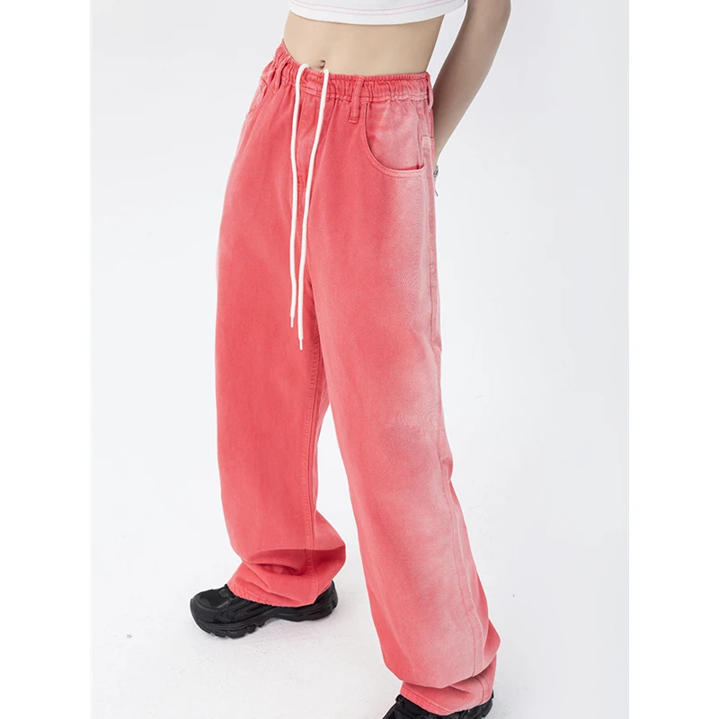 

Женские джинсы, винтажные розовые эластичные уличные брюки с высокой талией в стиле хип-хоп, модные летние прямые джинсовые брюки, мешковатые Широкие джинсовые брюки