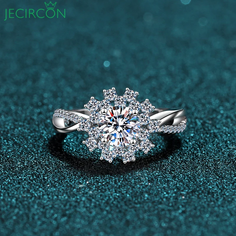 

JECIRCON Genuine S925 Sterling Silver Moissanite Ring for Women D Color 0.8 Carat Sunflower Ring Plated pt950 Gold Fine Jewelry