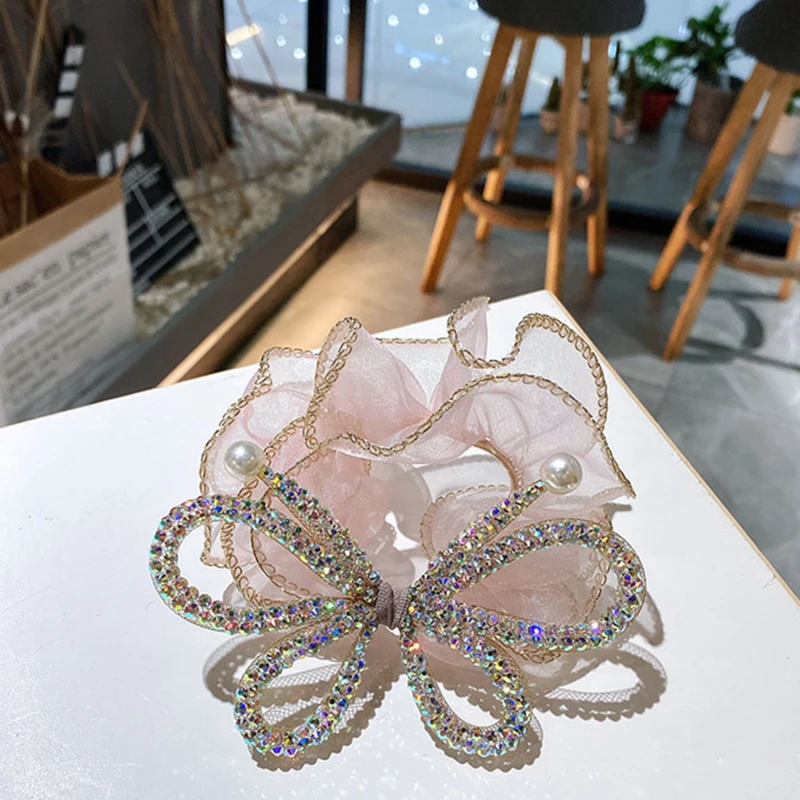 

Элегантные эластичные резинки для волос с большим бантом тканевые резинки с кристаллами бабочки ювелирные изделия для девочек Стразы повя...