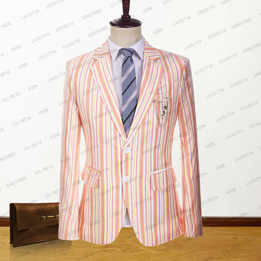 Orange Pink Stripe Business Groom Wedding Formal Jacket Blazer Coat