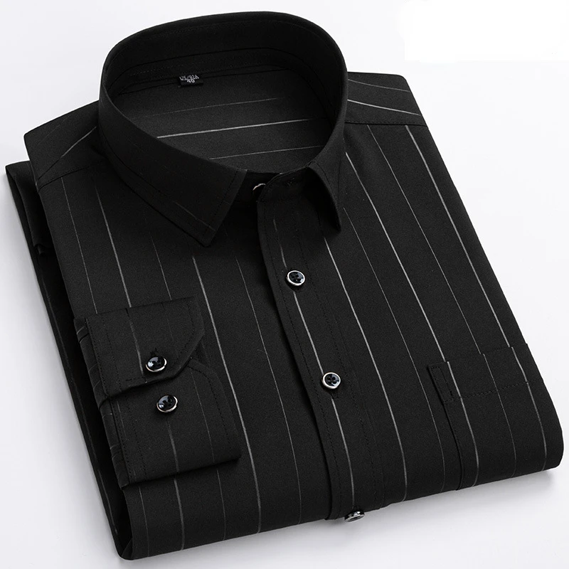 Casual Slim Fit Long Sleeve Shirts for Men Anti-wrinkle Striped Elastic Button Up Shirt Camisas 95% Polyester Fiber + 5% Spandex