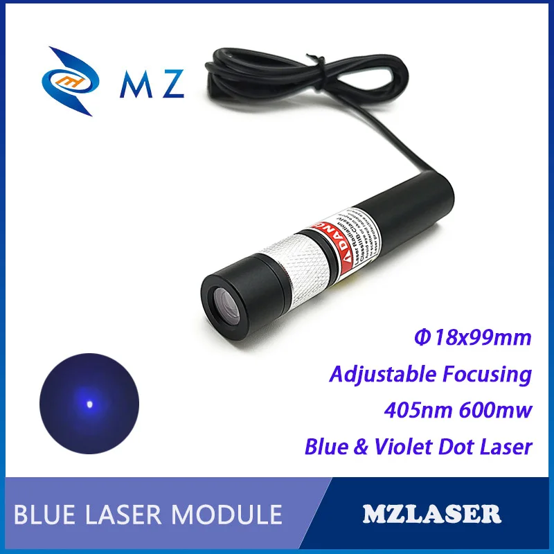 High Quality Adjustable Focusing D18x99mm 405nm 600mW Glass Lens Blue & Violet Dot Laser Module Industrial Grade