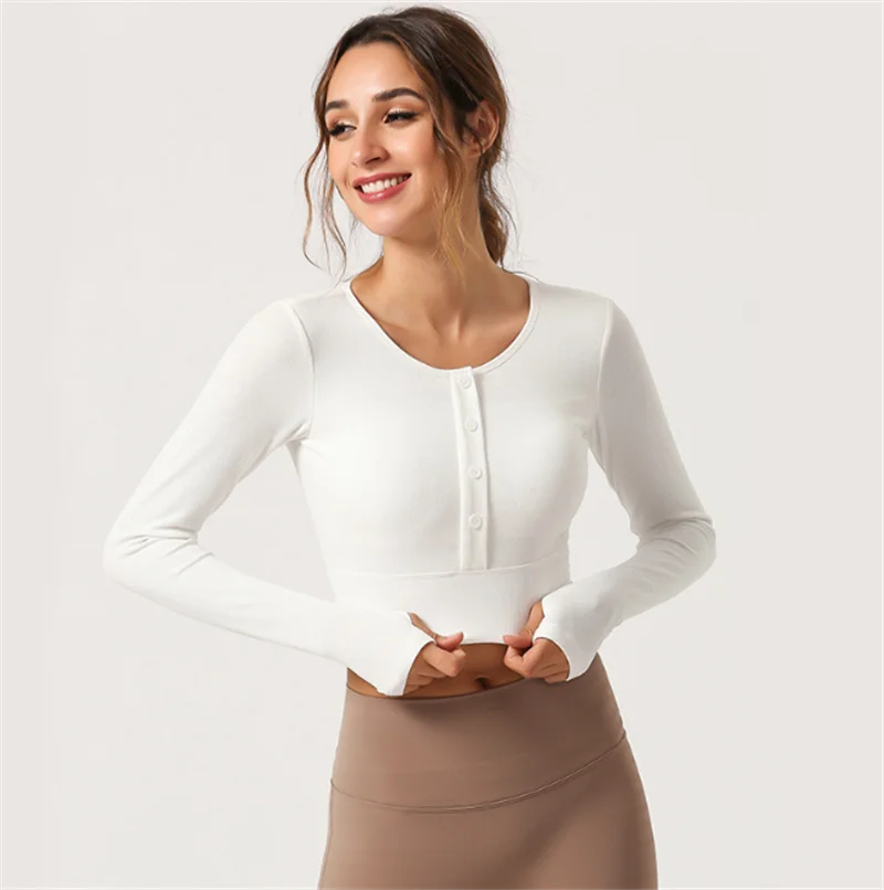 

Autumn Spring Women Breathable Long Sleeve Sports T-shirt Padded Sweat-wicking High Waist Running Yoga Top