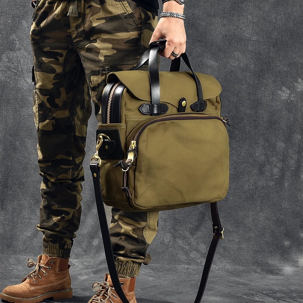 Business vintage high quality canvas genuine leather men's briefcase outdoor travel work handbag 15 inch computer messenger bag