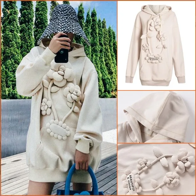 

2021 Autumn New Loose Casual Fashion Hoodie Flowers Mid-length Pullover Hooded Sweater Thickening Women's Trend