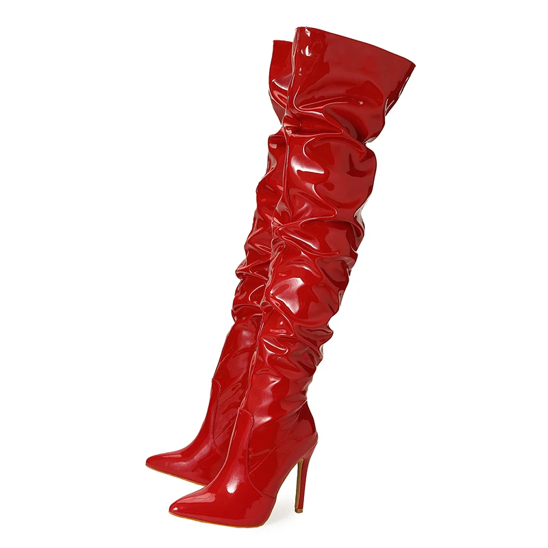 

Women's Over The Knee Boots Red High Heels Patent Leather Solid Color Pointed Toe Stiletto Side Zipper Sapatos Femininos