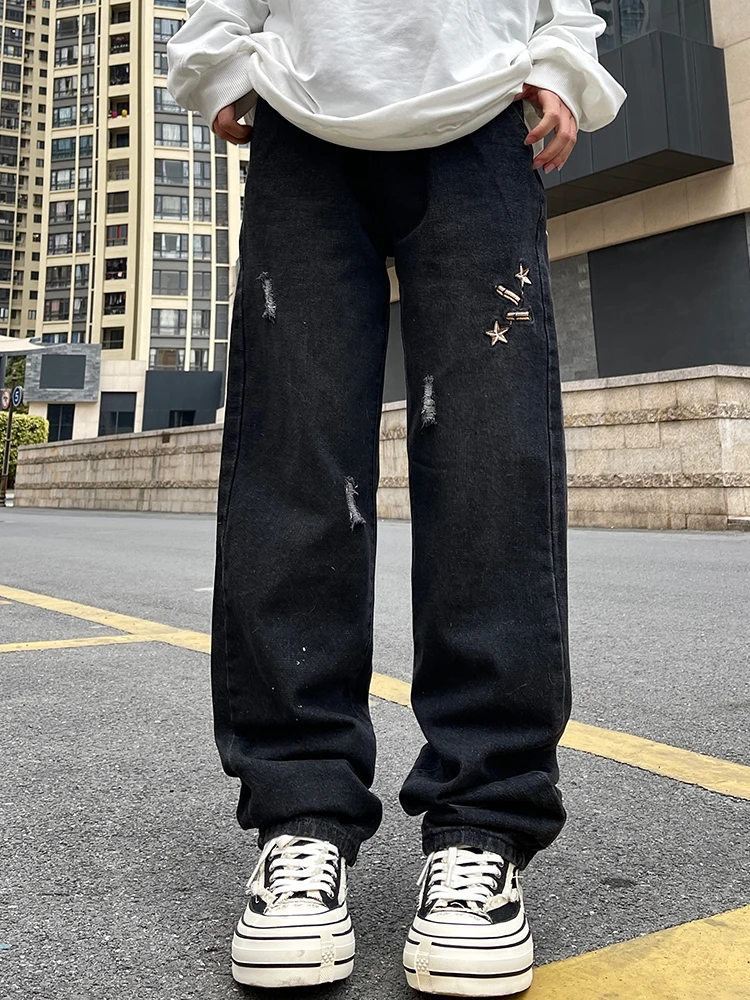 Men's Jeans Solid Color Y2k Retro Pistol Embroidery Large -sized Men and Female Denim Trousers Street Clothing Trend Ins Hotel