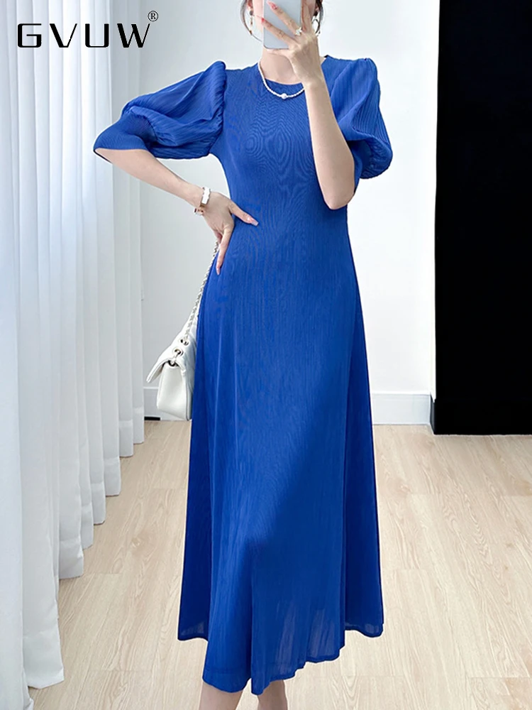 GVUW Fashion Pleated Dress For Women 2023 Summer New Simple Solid Color O-neck Lantern Sleeves Casual Dresses Female 17G1974
