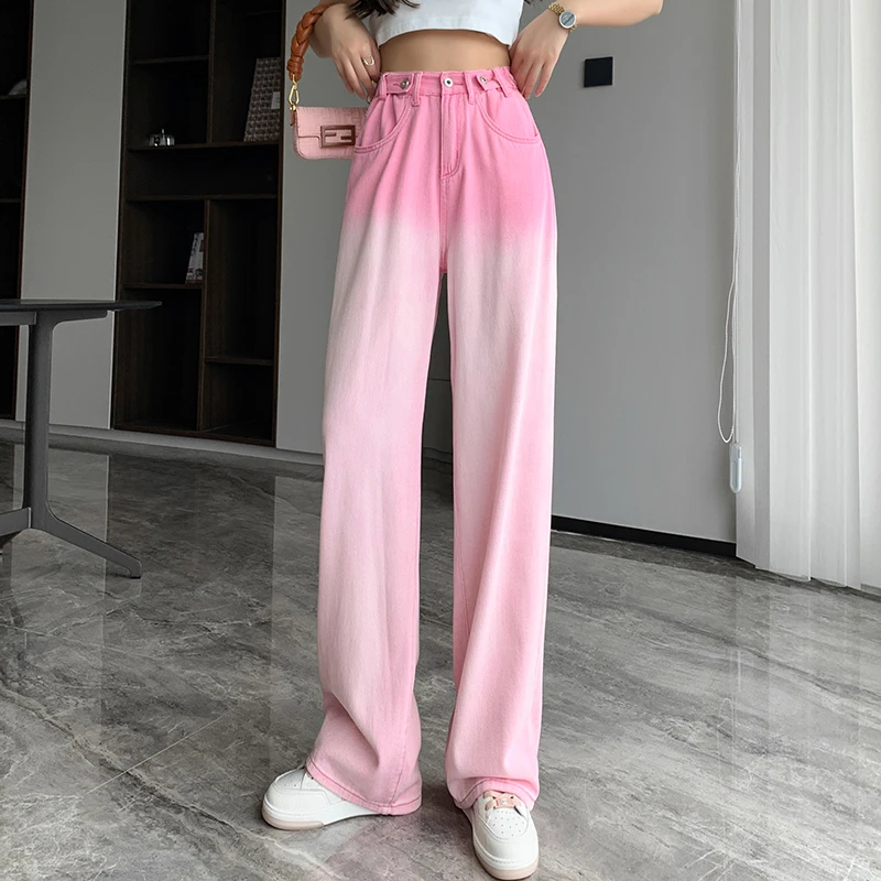 

Gradient Pink Mopping Jeans Women's Spring New Casual Street Style Casual High Waist Slim All Match Wide Leg Denim Pants Female
