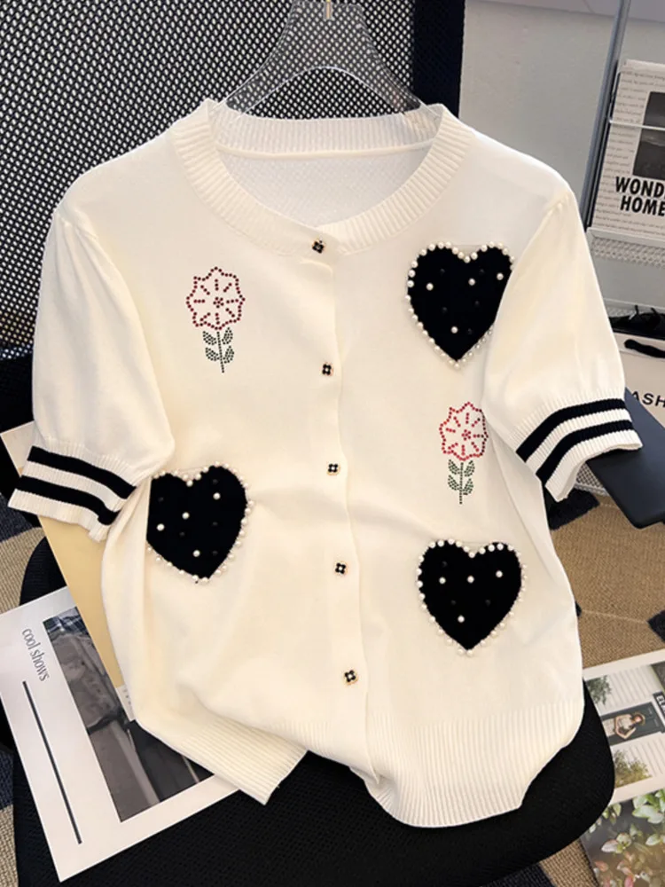 

Женский трикотажный кардиган с коротким рукавом, облегающий полосатый джемпер с круглым вырезом, украшенный бусинами и цветами, лето 2022