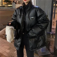 korean winter faux leather jacket solid black bright color thick women puffer parkas ins fall loose coats female matte outerwear