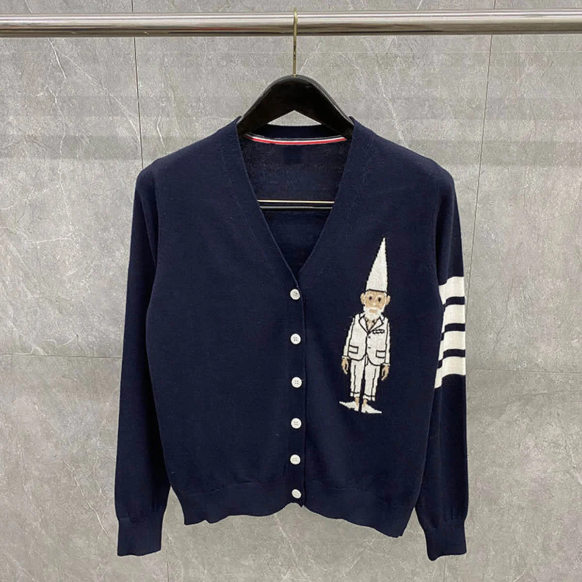 

Women Cardigan Classical TB Brand Thom 4-Bar Stripe Sweaters Lady Slim Fit V-Neck Ribbon-Trim Jacquard Weave Wool Cardigan