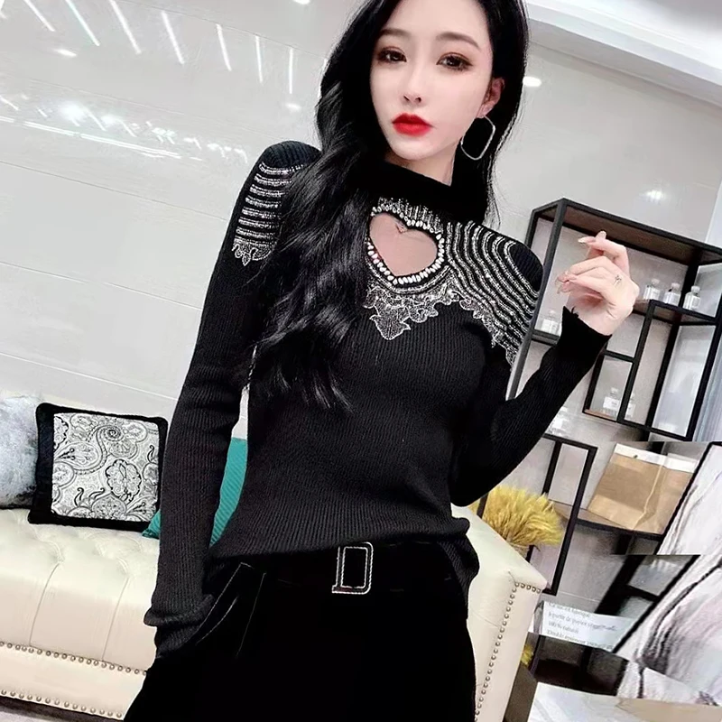 

Fashion Rhinestone Hollow out Sweater Women's 2021 Winter New Long Sleeve Slim Fit Pullover Bottoming Sweater Black