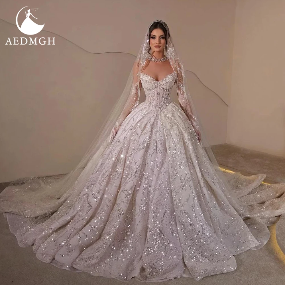 Фото Aedmgh бальное платье Роскошные свадебные платья без бретелек Vestido De Novia Кружево с бисером и блестками Королевская принцесса Свадебные платья на заказ №1