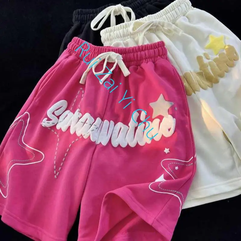 American New Bubble Print Stars Casual Summer Lovers Loose Basketball Wide-Leg Pants for Men and Women Summer Cargo Y2K Shorts