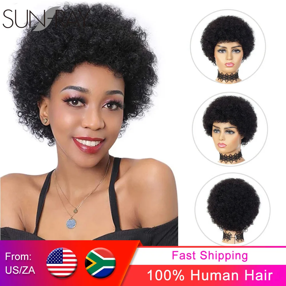 Short Afro Kinky Curly Human Hair Wigs Remy Brazilian Hair for Black Women Made Machine Natural Black Darkest Brown Color