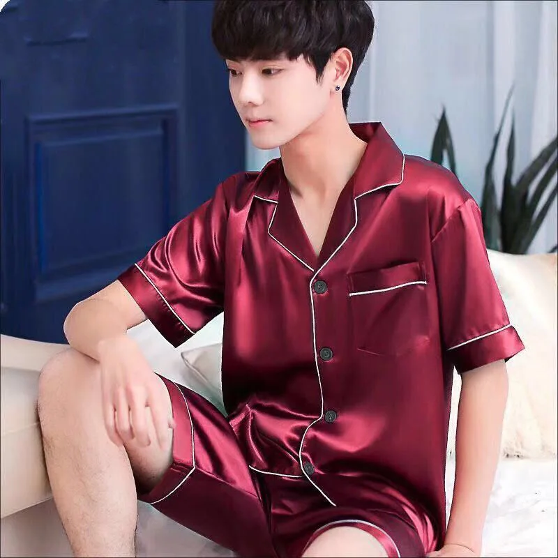 Men's 2 Piece Pajamas Sets Solid Pijama Faux Silk Satin Pyjama Male Sleepwear Short Sleeve Lapel Shirt Shorts Suits Homewear