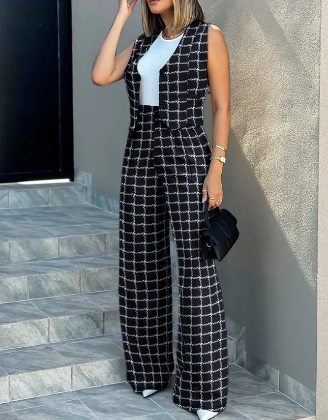 

Sets for Women 2 Elegant Pieces Plaid Print Buttoned Vest Top & Wide Leg Pants Set Woman Work Office Ladies Trousers Suit Outfit