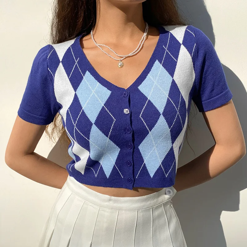

Summer Sweet Argyle V-Neck Knitted Crop Tops Preppy Style Short Sleeve Women T-Shirts Vintage Plaid Patchwork Casual Short Tees