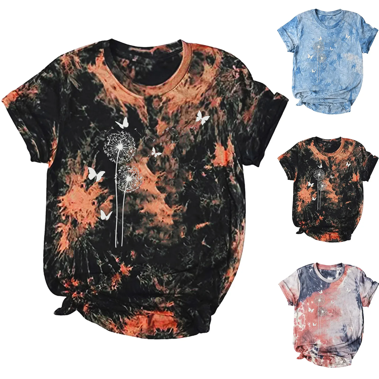 

Women Casual Tie Dye Printing Short Sleeve Tops Blouse Round Neck Casual Tee Tunic Shirts Cotton Womens