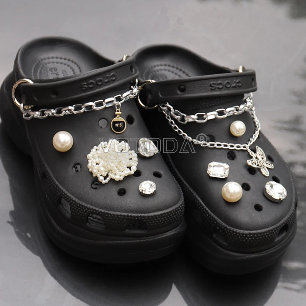 Fashion Pearl Flowers Charm Croc Shoes Accessories Bling Rhinestone Metal Chain Shoe Decoration Summer Garden Shoes Buckle Set