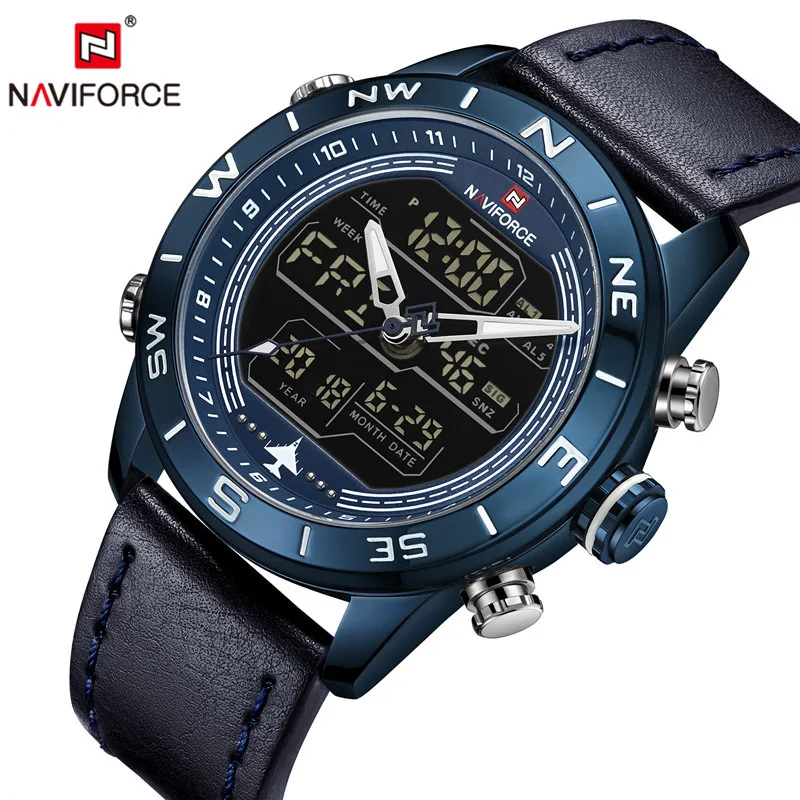 Часы NAVIFORCE мужские цифровые спортивные Роскошные военные с кожаным ремешком
