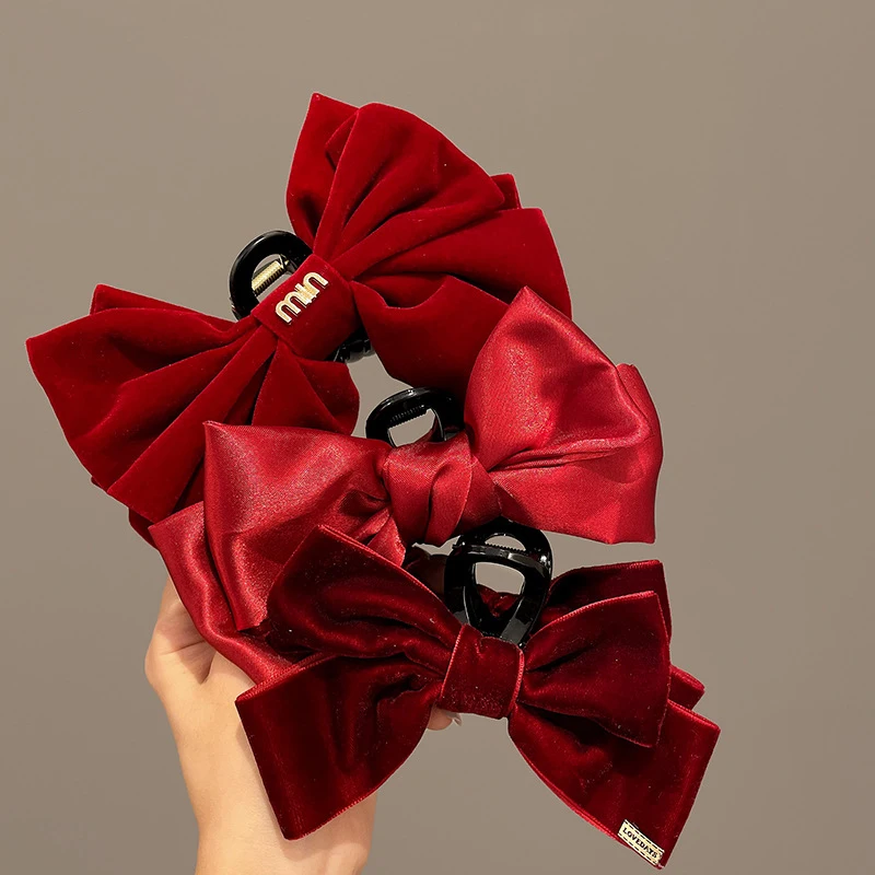 

TwinkLei 2/3Pcs Pack Korean Women Bowknot Hair Crab Claws Large Bow Red Black Velvet Hair Clips Elegant Lady Hair Accessories