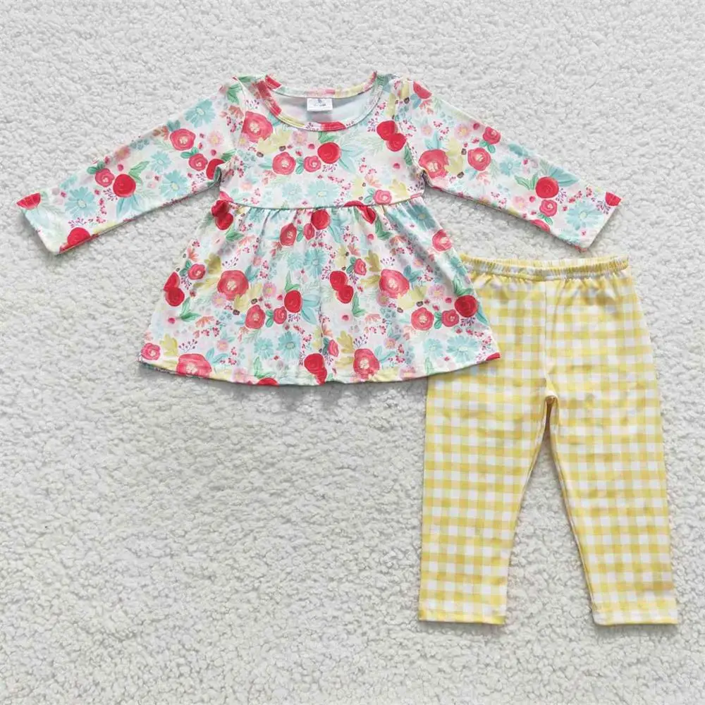 

Wholesale Baby Girls Set Long Sleeves Floral Tunic Boutique Yellow Plaid Pants Children Kids Toddler Spring Fall Flower Outfit