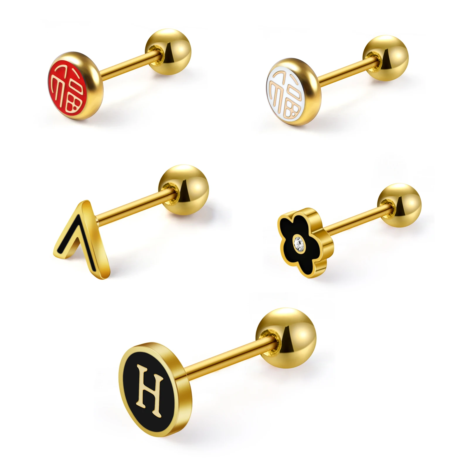 

2pcs H Alphabet Flower Stud Earrings For Women Mini Drip Oil Stainless Steel Tragus Cartilage Spiral Piercing Jewelry