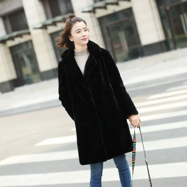 Mink Faux Fur Coat Women Solid Turn Down Collar Winter Jackets Female Thick Warm Fake Fur Lady Coat Casual Loose Long Outwear