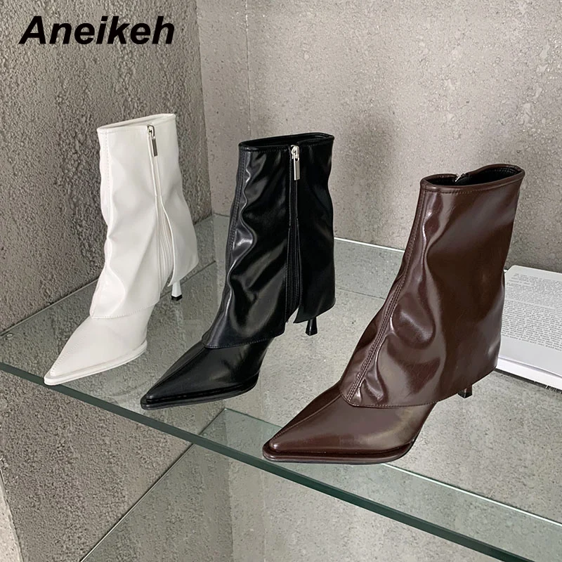 

Aneikeh 2023 Spring/Autumn Fashion Sexy Pointy Sewing Chelsea Boot Women PU Turned Over Edge Ankle Boots Party Club Street Style