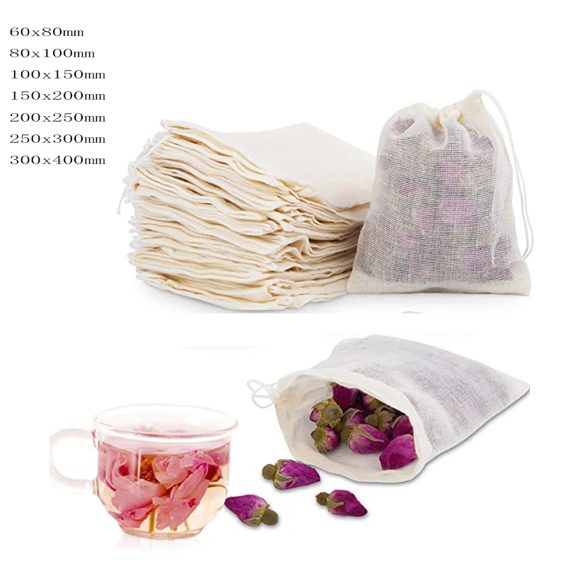 Bolsas de muselina de algodón con cordón para jabón y hierbas, bolsas reutilizables de 6x8cm/8x50/10x15cm/15x20cm/20x25cm/30x40cm, 10-100 piezas té
