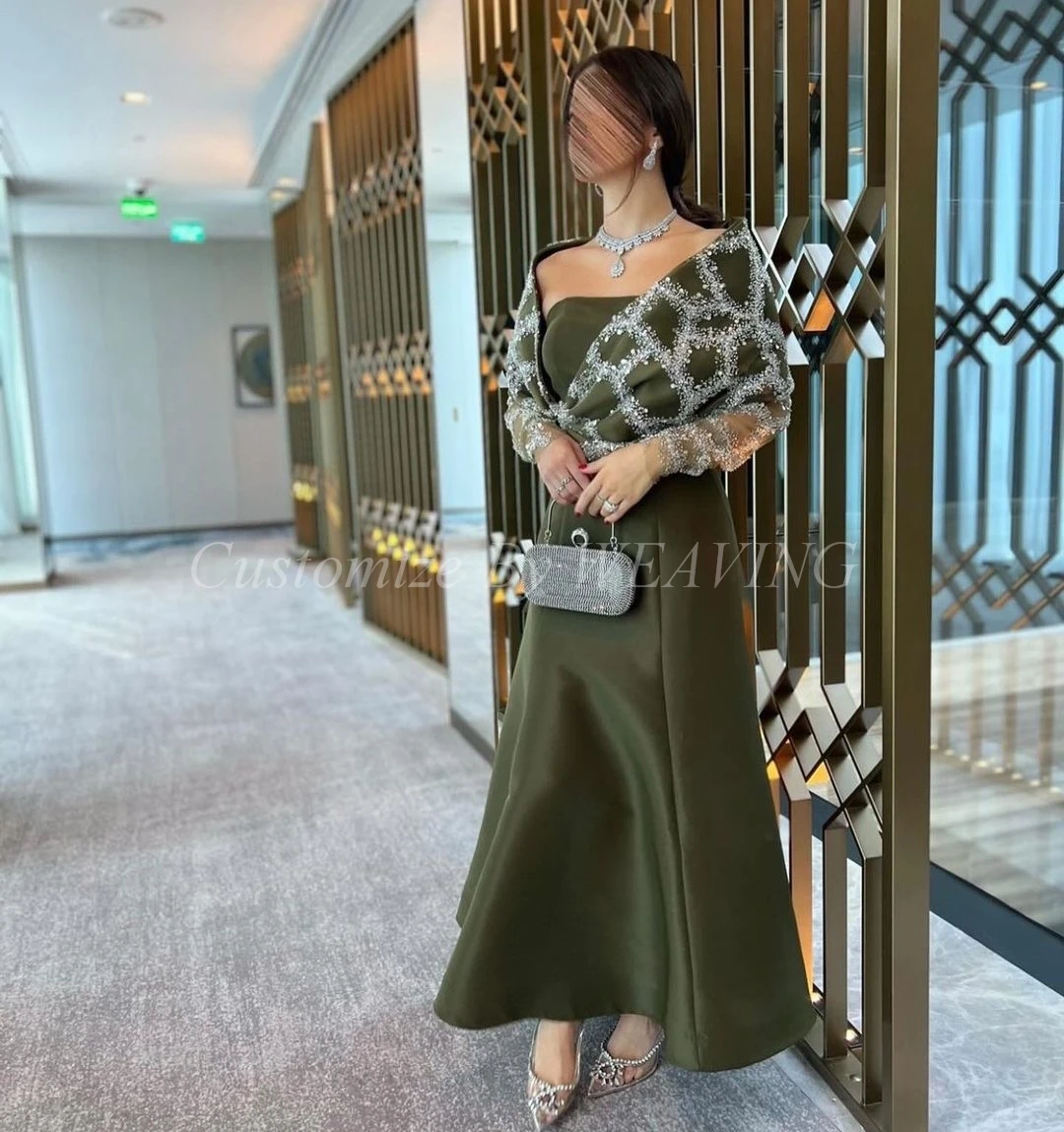 

Olive Green Satin Long Sleeves Prom Dresses Beadings Ankle Length Saudi Arabic Women Evening Party Dress